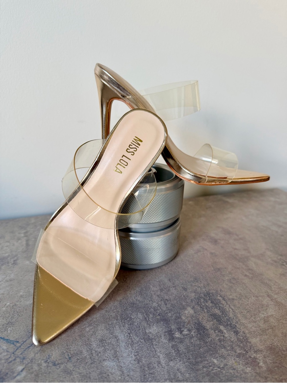 Miss Lola Gold Pointed-Toe Clear Strap Mules